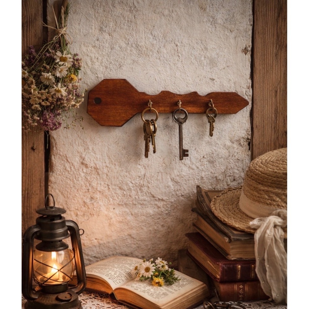 Wooden Key Shaped Wall Mounted Key Holder Organizer Hooks Vintage Unique Keyhook